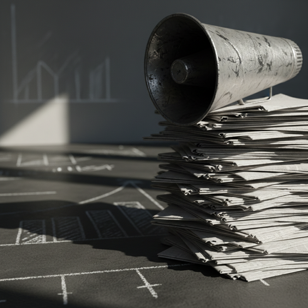 A large, slightly battered metal megaphone resting on a stack of anonymous, textless newsprint pages, edges crumpled and curling, all in crisp photographic detail. The scene is set on a dark concrete surface with faint chalk-like diagrams hinting at data and charts in the background, deliberately out of focus. A sliver of harsh, cool daylight cuts across the frame from the left, emphasizing the scuffs on the megaphone and casting a long, dramatic shadow. The composition is low-angle and tight, with shallow depth of field, creating a bold, rebellious mood that suggests unapologetic commentary on current events without showing any people or readable text.