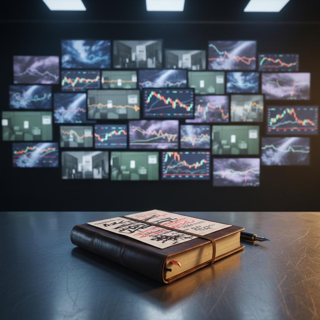 A wall of flat-screen displays arranged in an asymmetrical grid, each screen showing abstracted, defocused shots of global city skylines, storm systems, voting booths, and stock tickers, with all text softened into colorful streaks. In the foreground, a thick, well-used leather notebook lies open on a metal table, its pages filled with blurred scribbles and bold pen strokes. Overhead, cool studio lighting mixes with a subtle warm side light, giving the scene a tense, electric atmosphere. Shot from an eye-level perspective with a medium depth of field, the photographic composition feels analytical yet emotional, ideal for strong personal takes on world news.