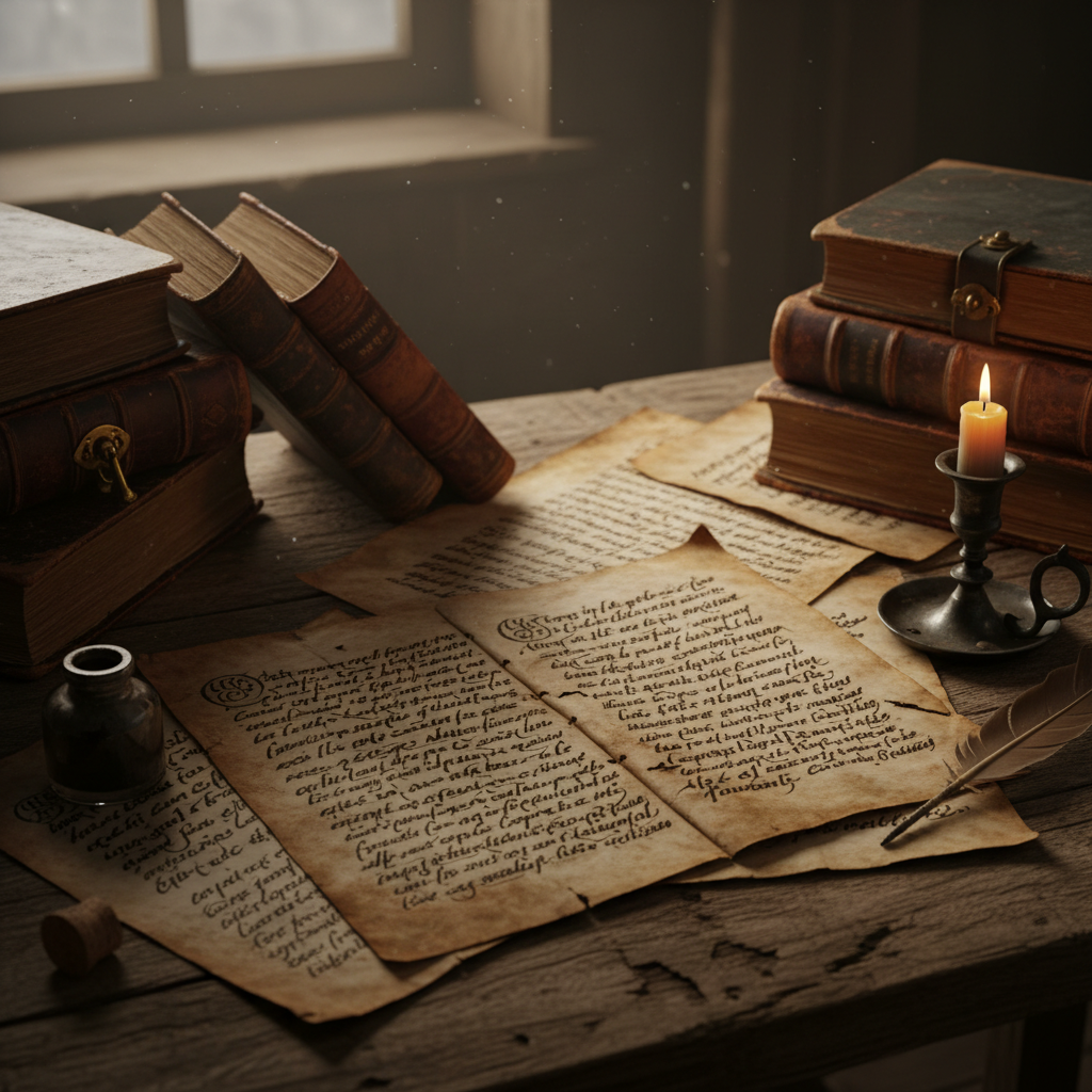 Ancient handwritten manuscript pages with weathered parchment and faded ink calligraphy
